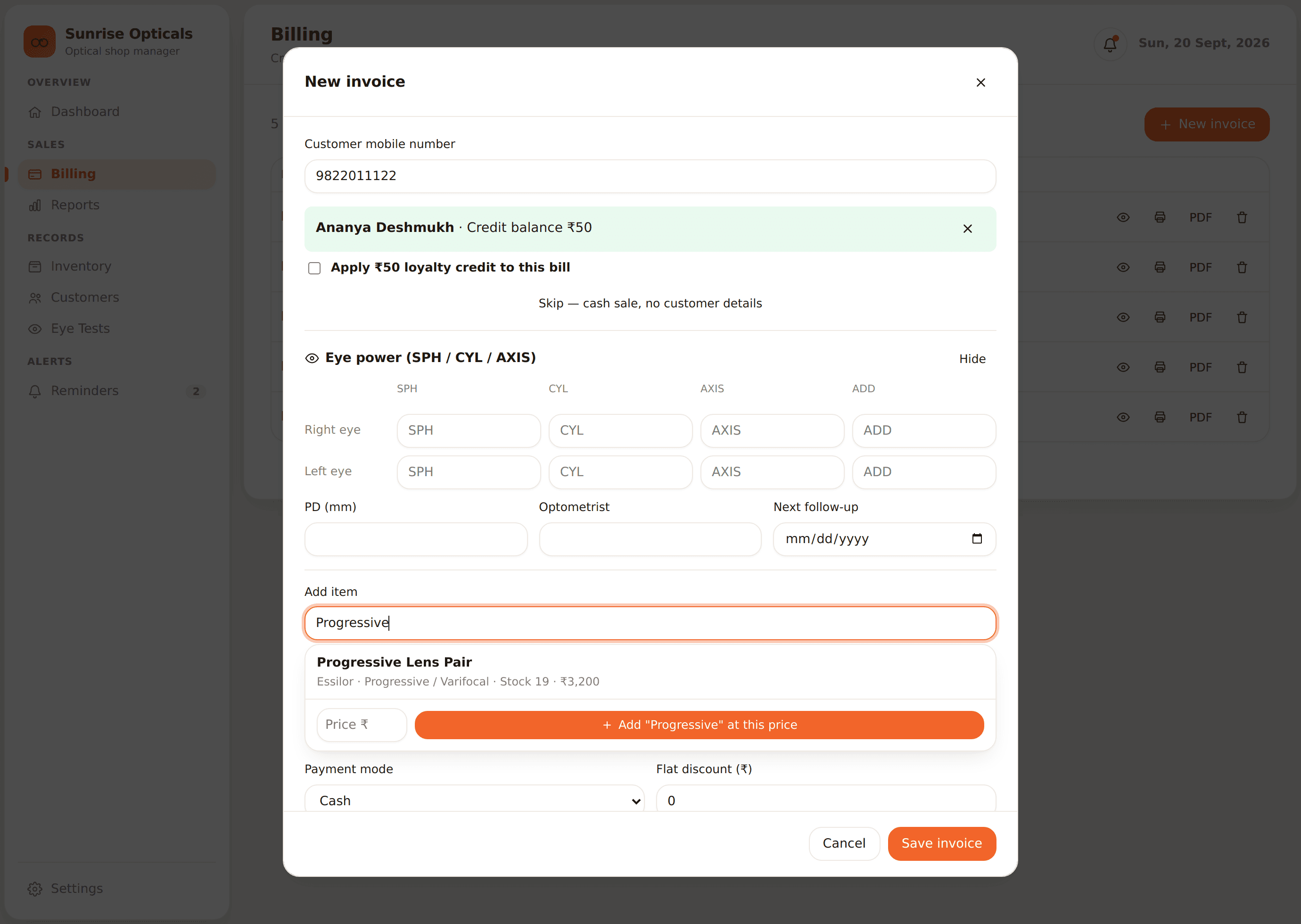 OptiCare invoice screen showing customer lookup, eye power fields, and live product search